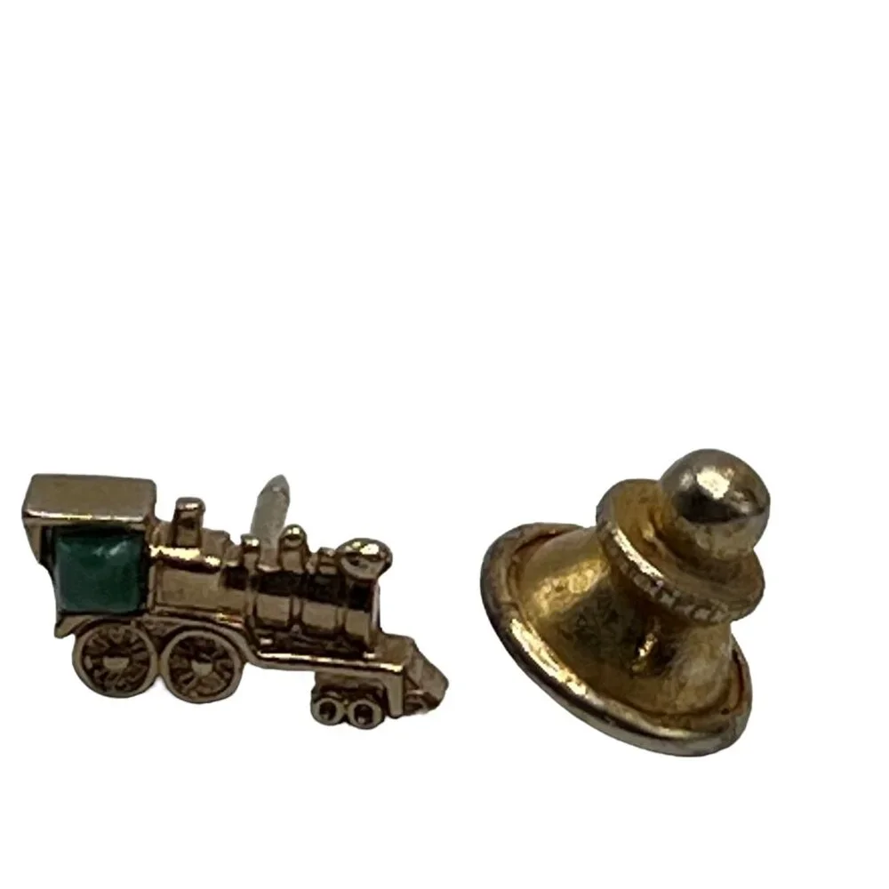 Vintage Swank Train Engine Tie Tack Pin Gold Tone Green Accent‎ Railroad Pin